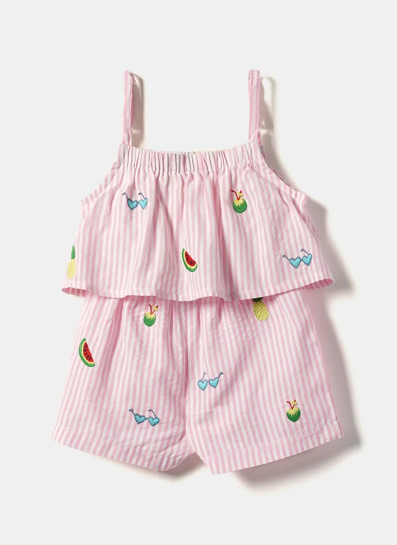 نوتيناتي جمبسوت بناتي مخطط صيفي قطن % مطرز بالشمسي والبطيخ والأناناس وجوز الهند مع ربطة خصر